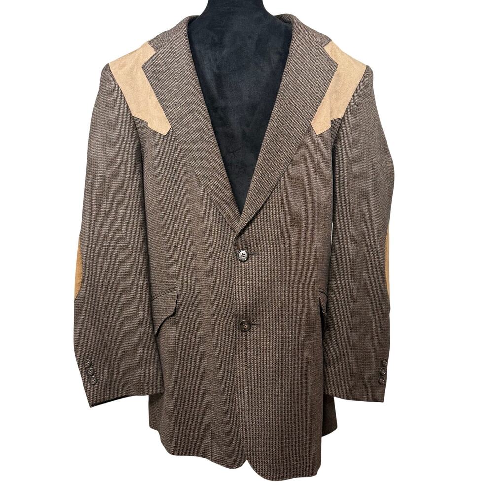 Vintage 90s Tweed Wool Blazer Men's 44R Mesquite Brown Suede Yoke Elbow Patches